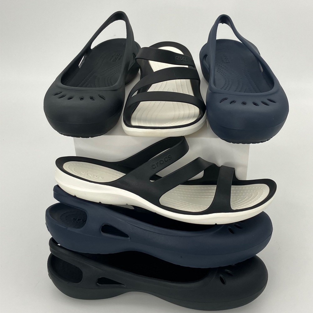 Crocs Flat Sandal Bundle Women 7 W Navy Black White Comfortable Slip On Shoes